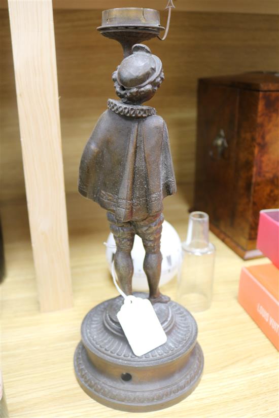 A late 19th century French bronzed spelter timepiece lamp H.45cm.